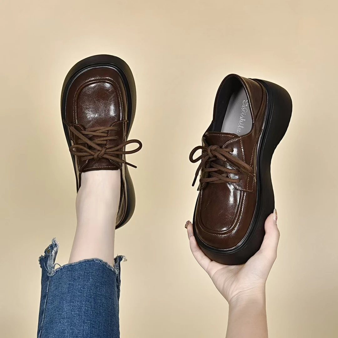 春秋圆头乐福鞋秋季时尚百搭坡跟鞋女春季系带舒适网红爆款厚底鞋