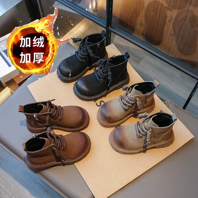 秋冬季儿童短靴男童短靴加绒软底英伦风小童马丁靴小学生女童靴子