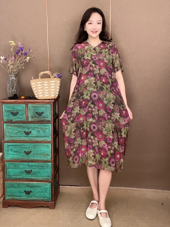 2024新款中国风遮肉复古显瘦女茧型丝麻连衣裙 657