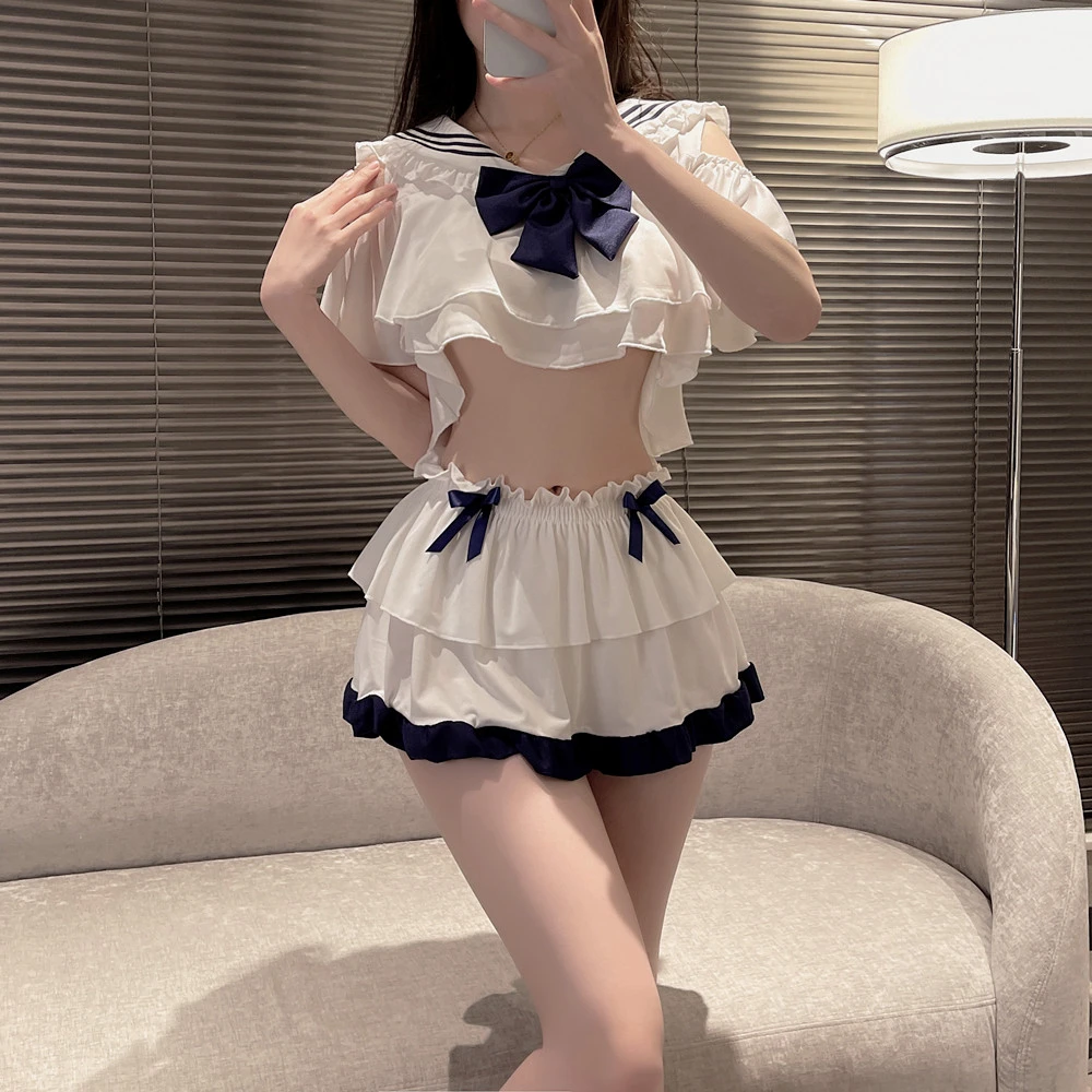 学生水手服白色可爱少女甜妹显瘦学院风甜美荷叶边超短纯欲风