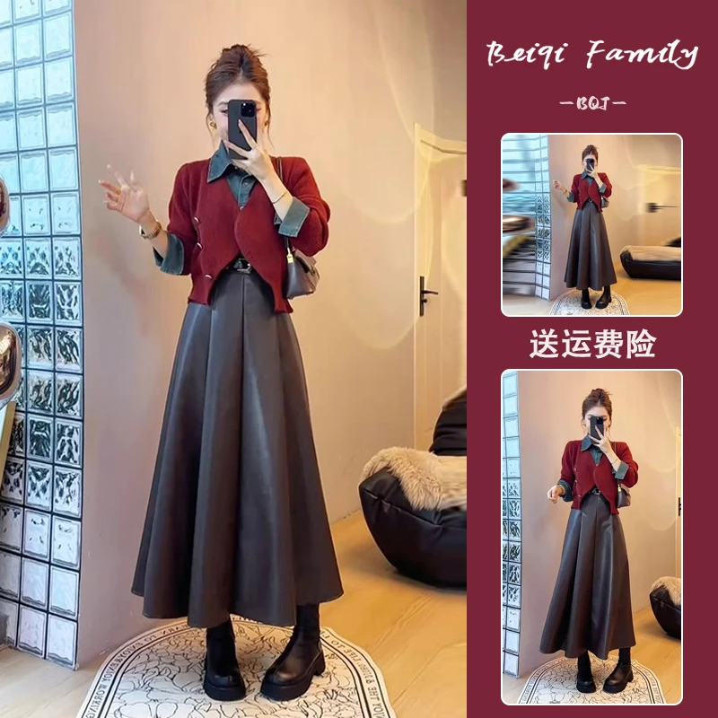 韩系高级感穿搭套装复古红色针织衫半身裙通勤慵懒气质两件套秋冬