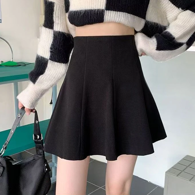 毛呢半身裙黑色A字女秋冬新款a字百褶裙高腰短裙子显瘦遮胯伞裙