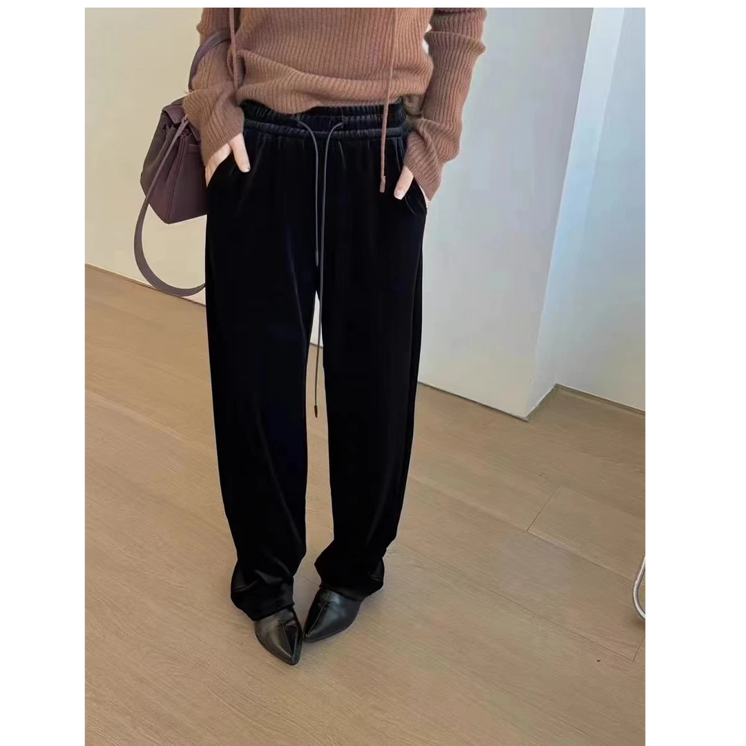 【SHAN MY】冬新款抽绳加绒丝绒裤百搭显瘦慵懒风垂感直筒裤9228
