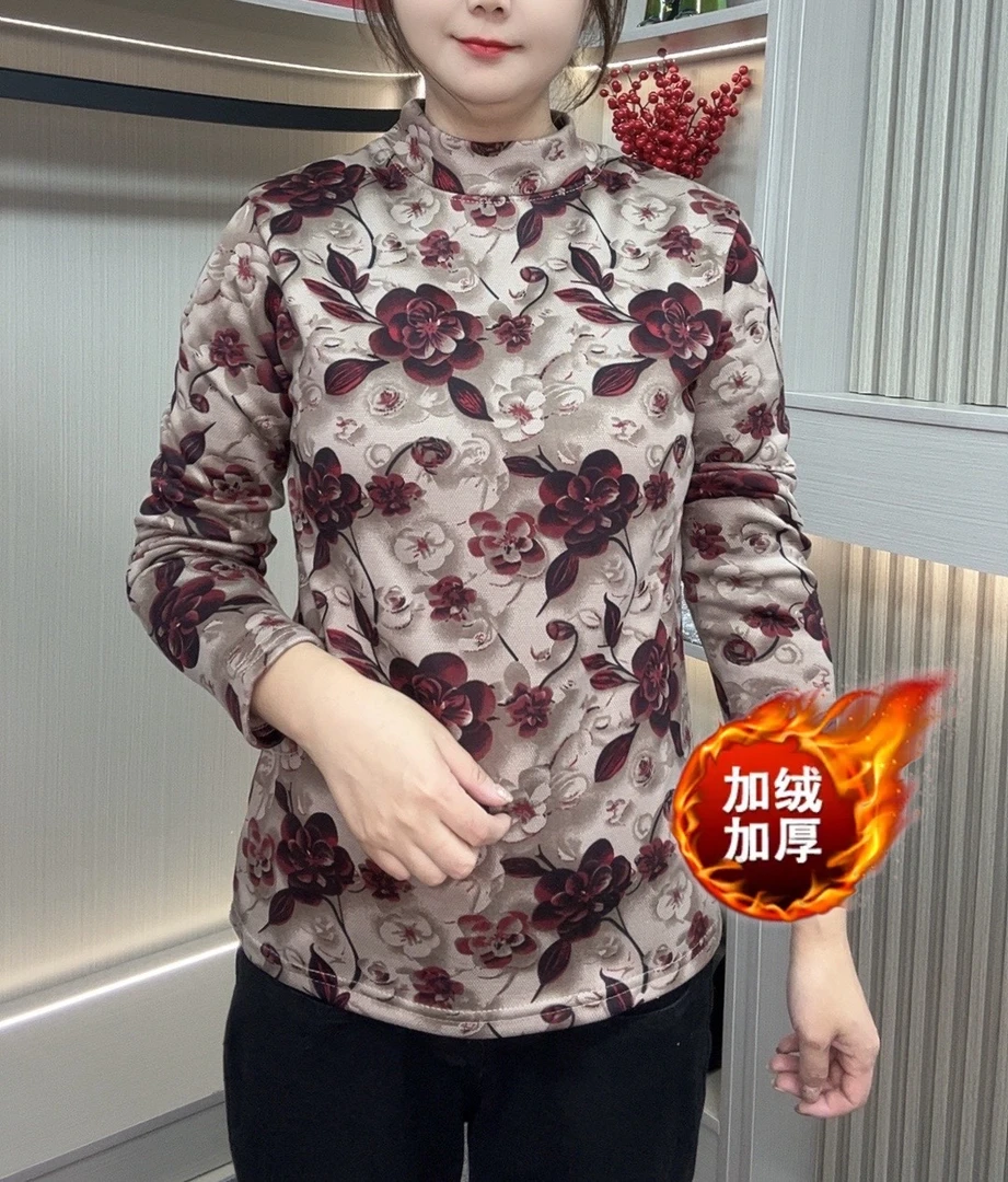 【加绒加厚】新款秋冬保暖洋气半高领印花打底衫百搭遮肉显瘦长袖