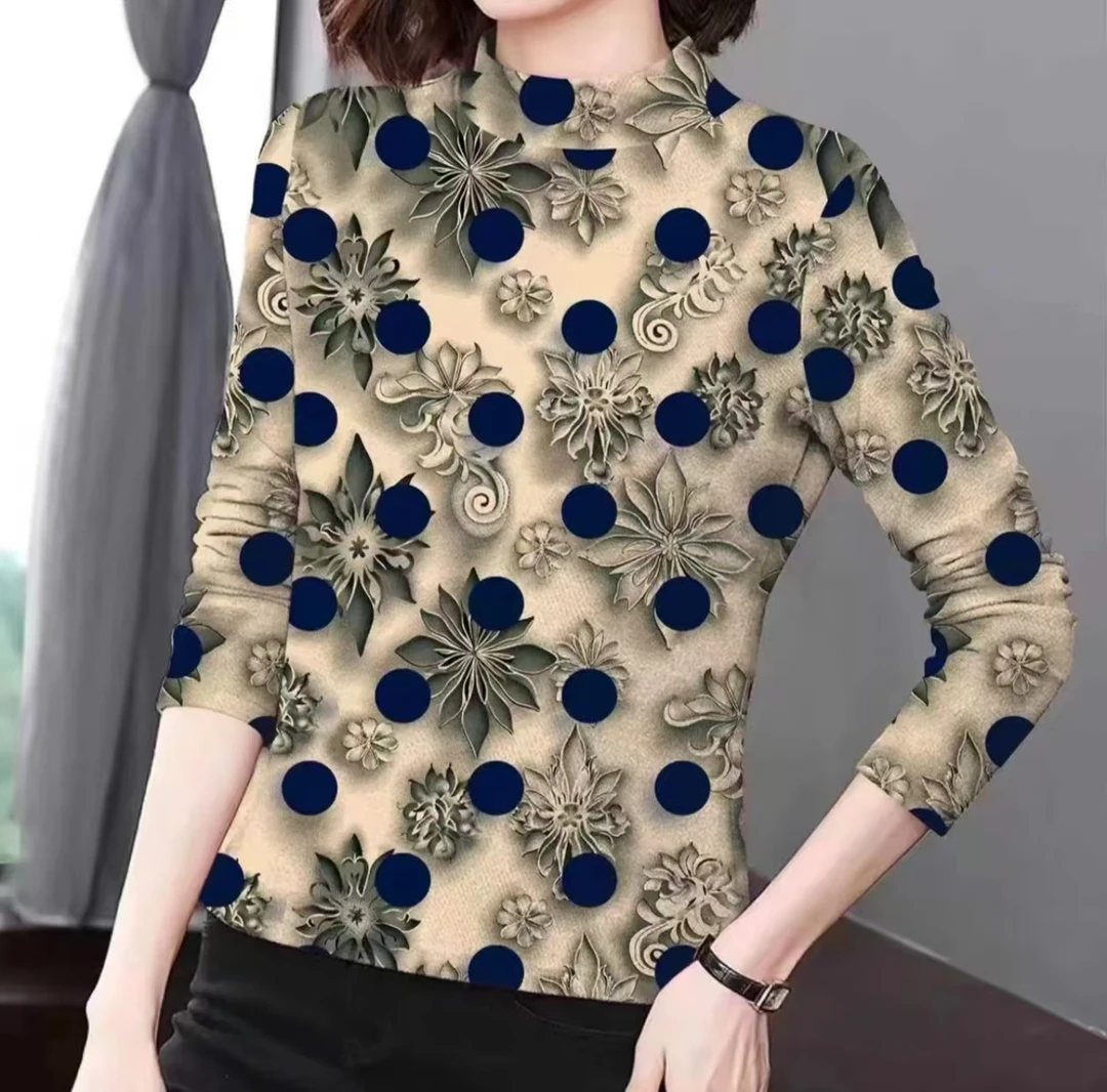 【薄绒】新款时尚洋气半高领印花打底衫百搭遮肉显瘦德容长袖上衣