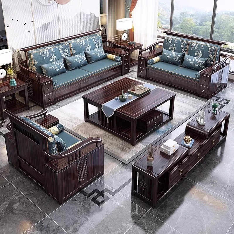 866#新中式乌金木实木沙发客厅禅意两用成套高箱储物简约成套家具