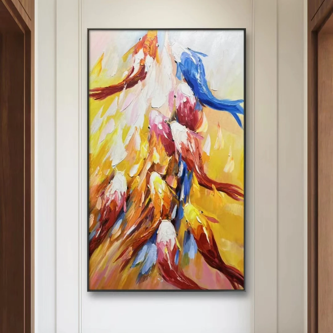 九鱼锦鲤新中式轻奢装饰画沙发背墙客厅高级感挂画客厅艺术质感画