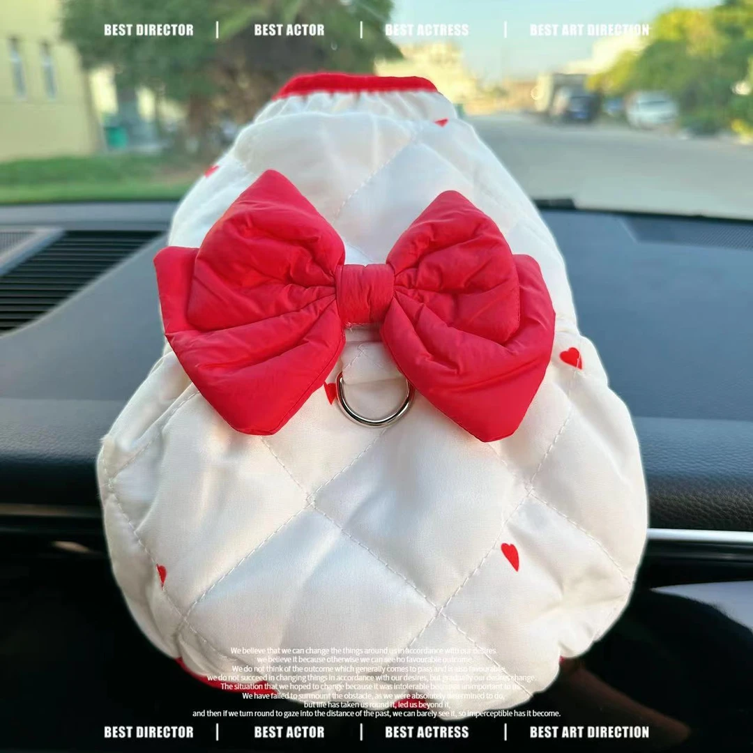 宠物衣服秋冬新款加绒夹棉蝴蝶结牵引扣外套泰迪比熊狗狗猫咪裙子