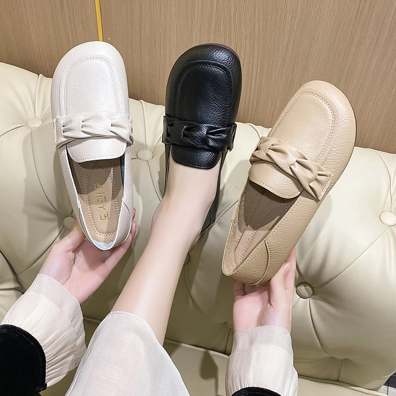 [万达专柜版】2024年春季新款一脚蹬浅口软皮软底豆豆女单鞋XZN