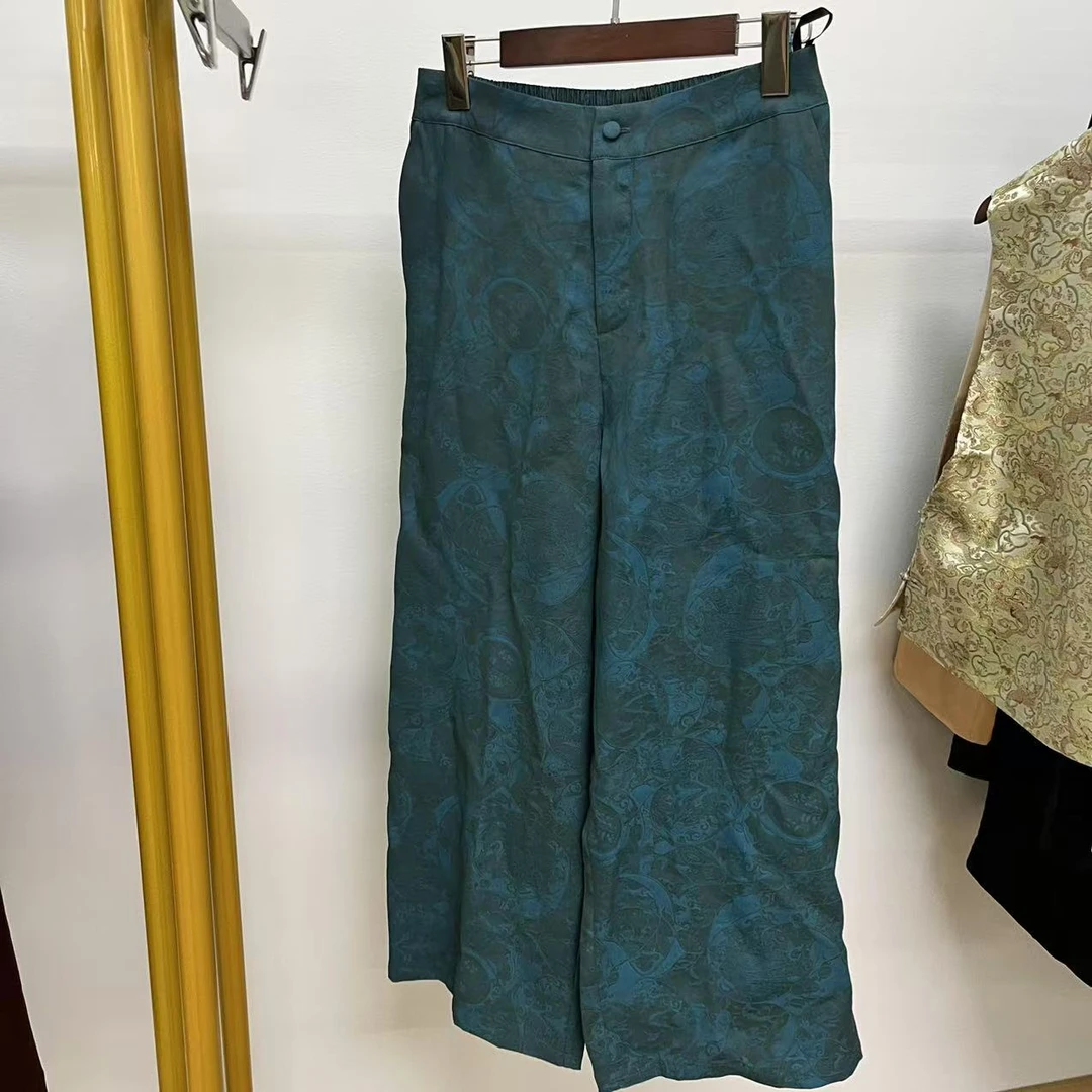 【蓝漆染】 Q8123136-6桑蚕丝碧纹红云纱女直筒裤