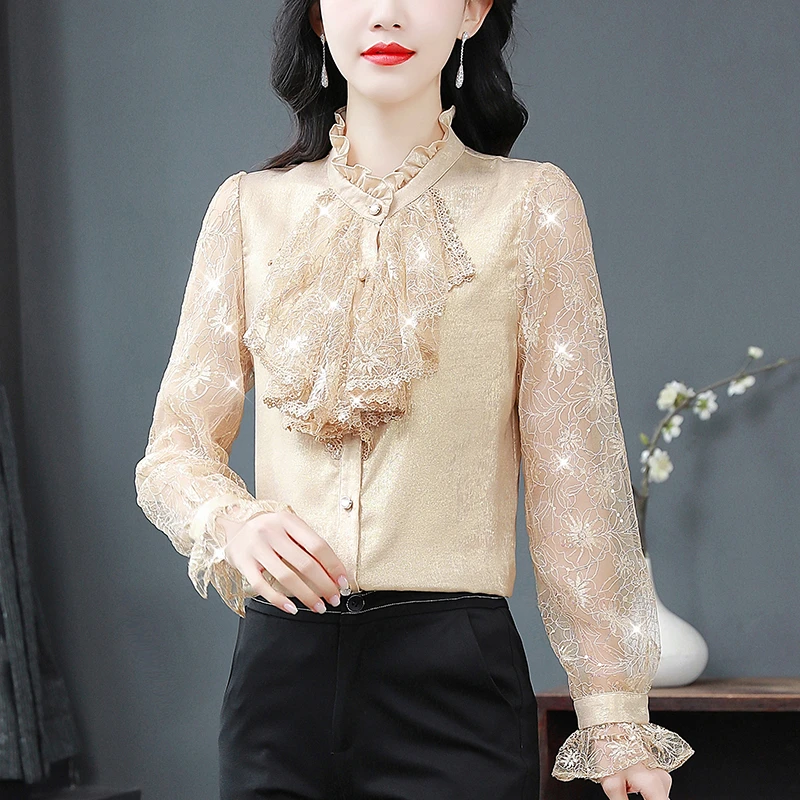 蕾丝荷叶边长袖衬衫女春秋洋气宽松时尚小衫气质甜美减龄上衣148
