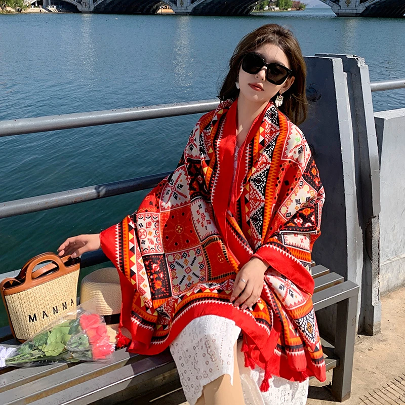 红色方格旅游拍照防晒丝巾女夏季薄款民族风围巾披肩外搭超大纱巾