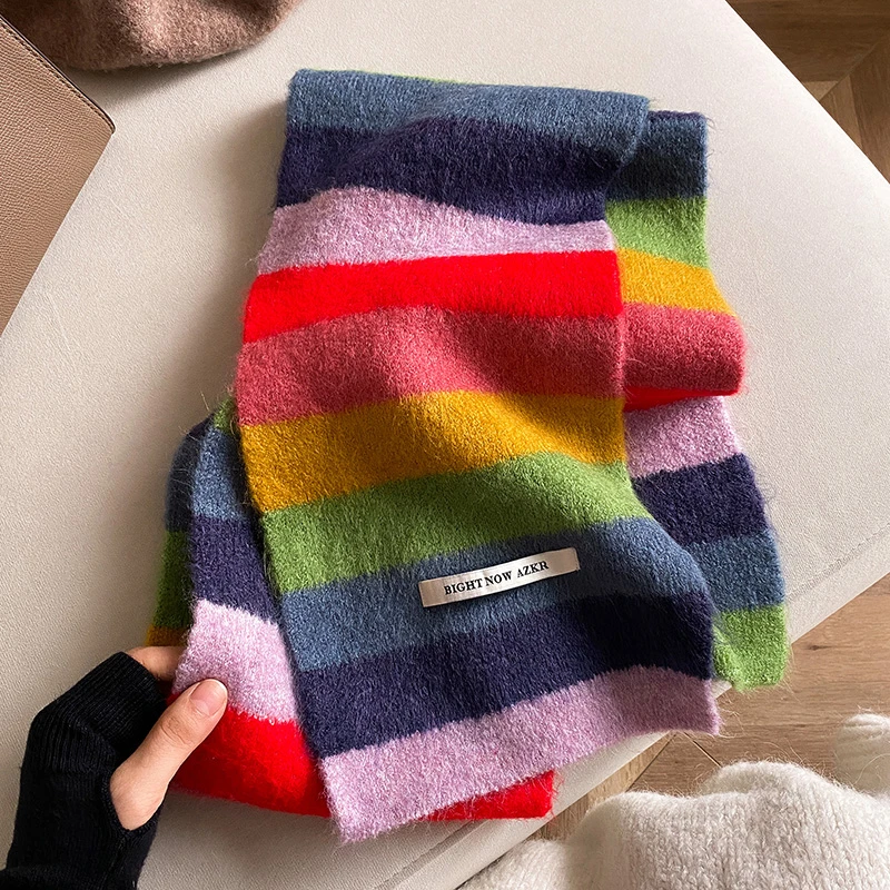 彩虹条纹拼色短款围巾女冬季加厚学生软糯针织保暖护颈围脖百搭潮