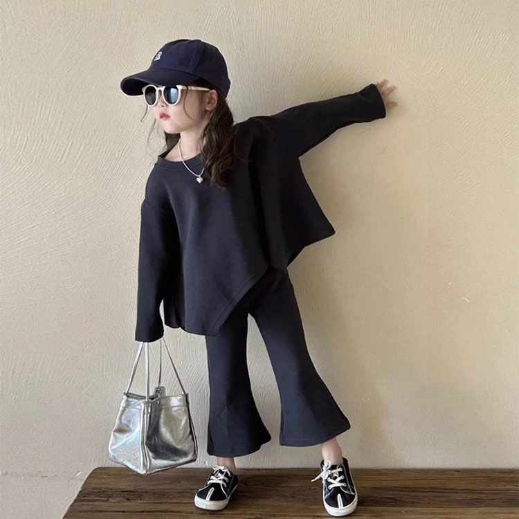 女童秋装套装2025新款时髦春秋款儿童网红女宝宝洋气黑色两件套潮