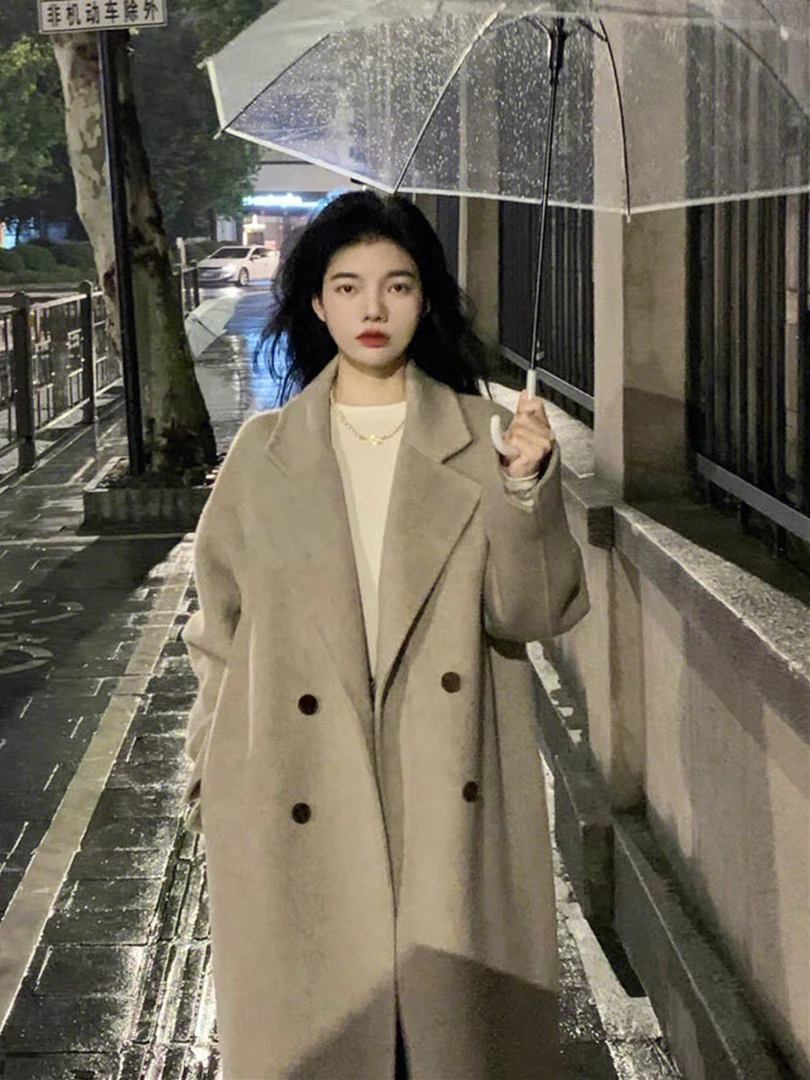 2236韩版保暖小个子学生必入百搭大衣中长款宽松羊毛外套大衣