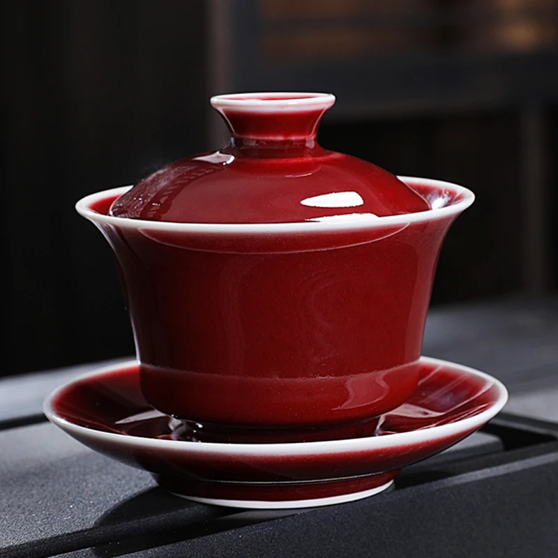 匠庆景德镇郎红釉三才盖碗茶杯手工泡茶碗功夫茶具高档泡茶器陶瓷