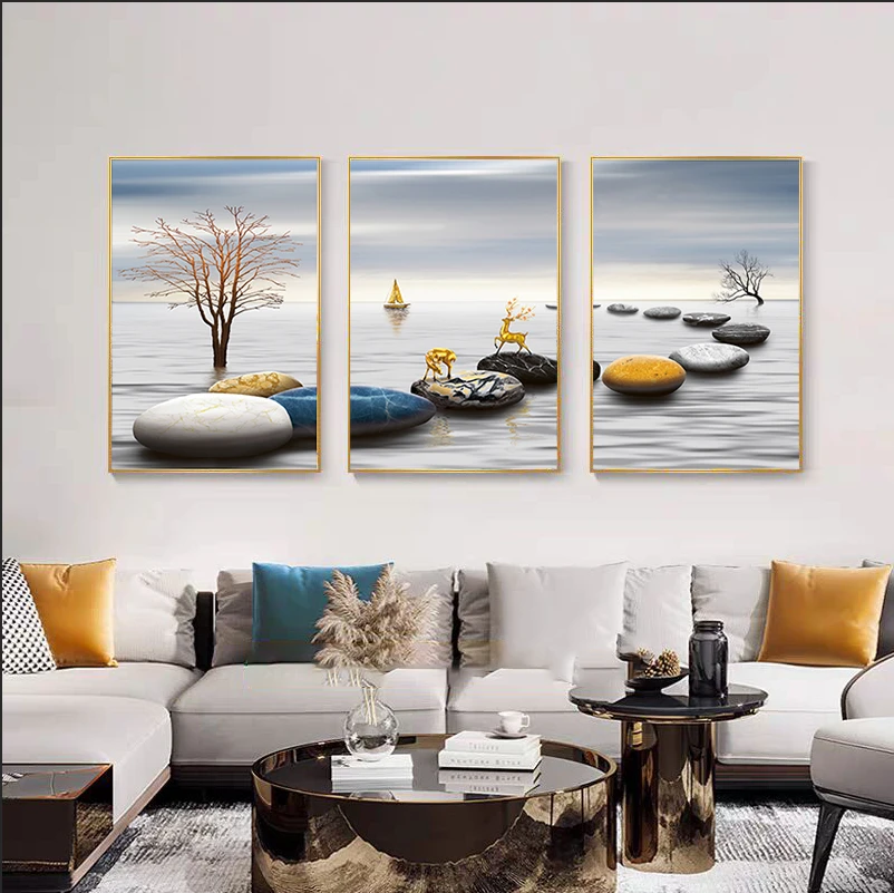 北欧客厅装饰画楼梯三联沙发背景墙挂画现代简约大气餐厅晶瓷壁画