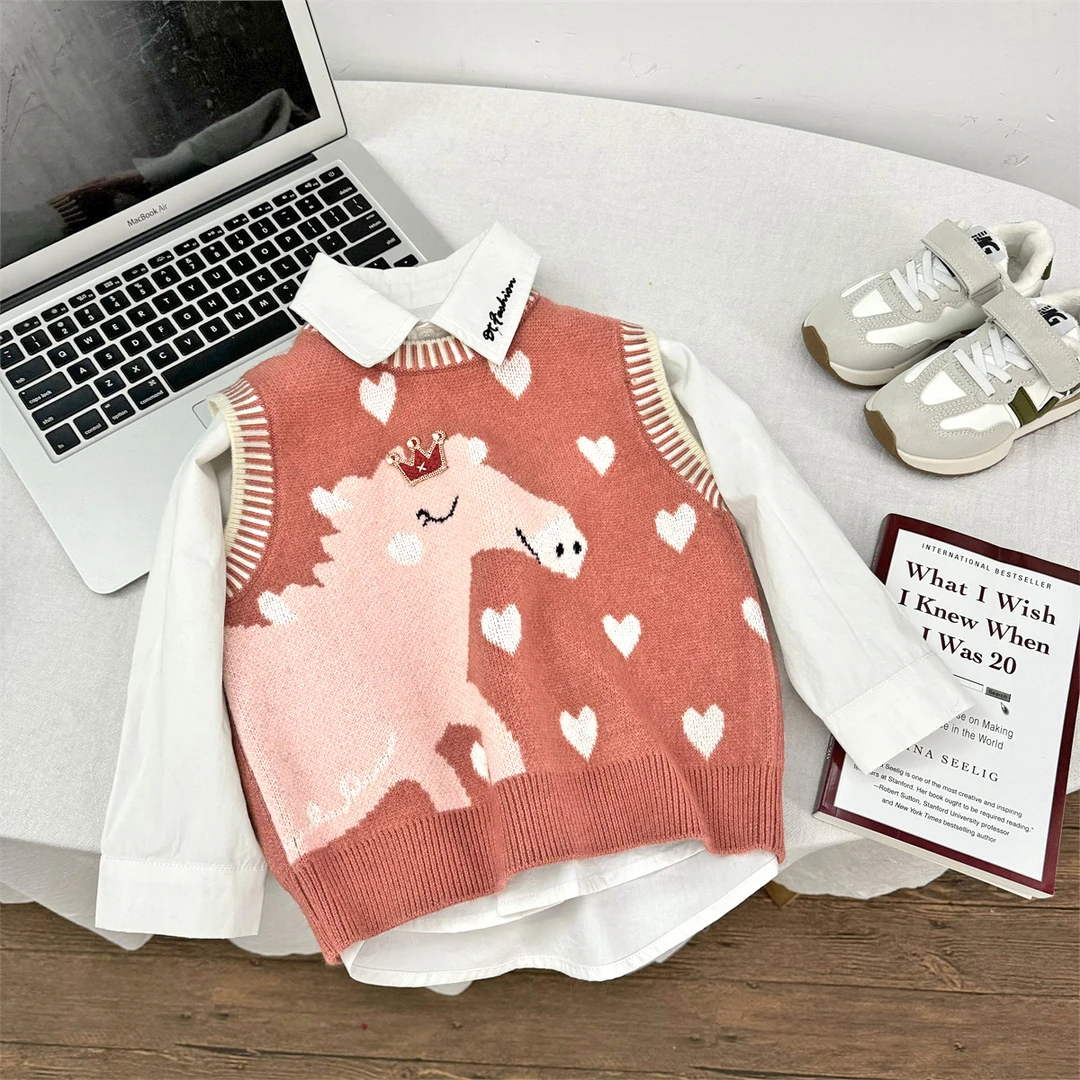 【清仓】儿童毛衣背心2024秋季新款女童针织圆领卡通中小童套头