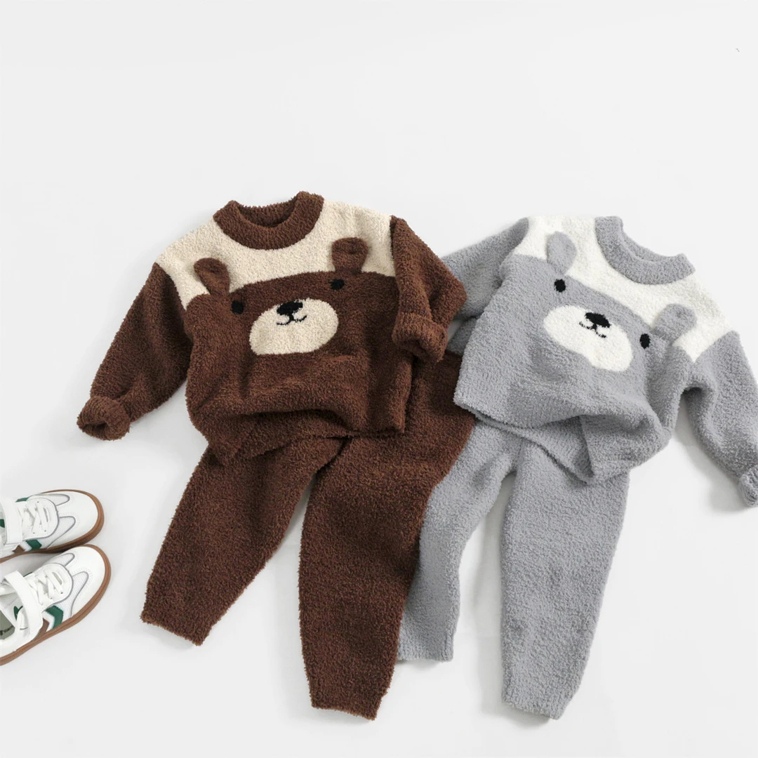 【清仓】儿童毛衣套装中小童圆领冬季加绒加厚家居服男童小熊宝宝