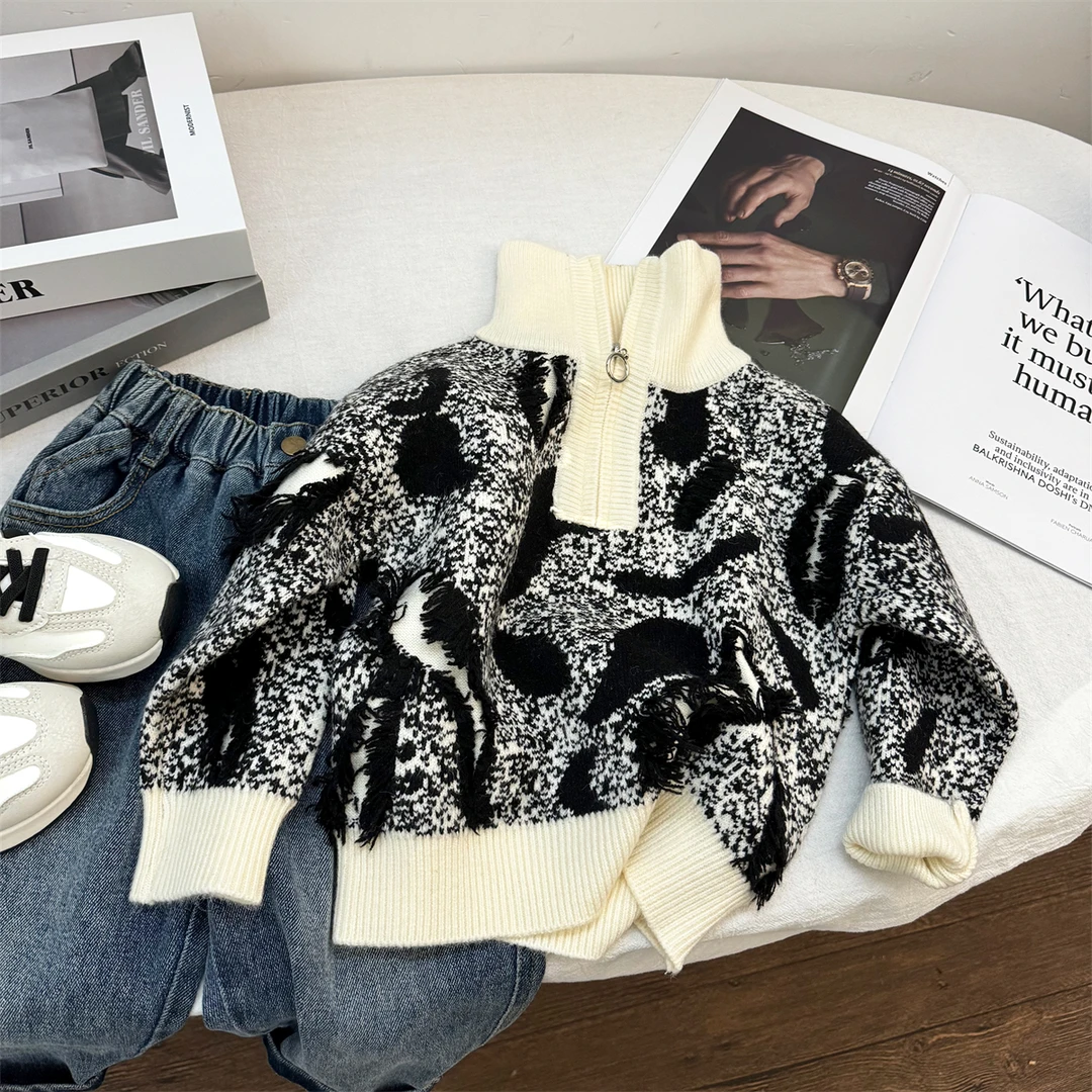 【清仓】迪童宝宝毛衣秋冬季圆领黑白撞色保暖新款儿童针织衫