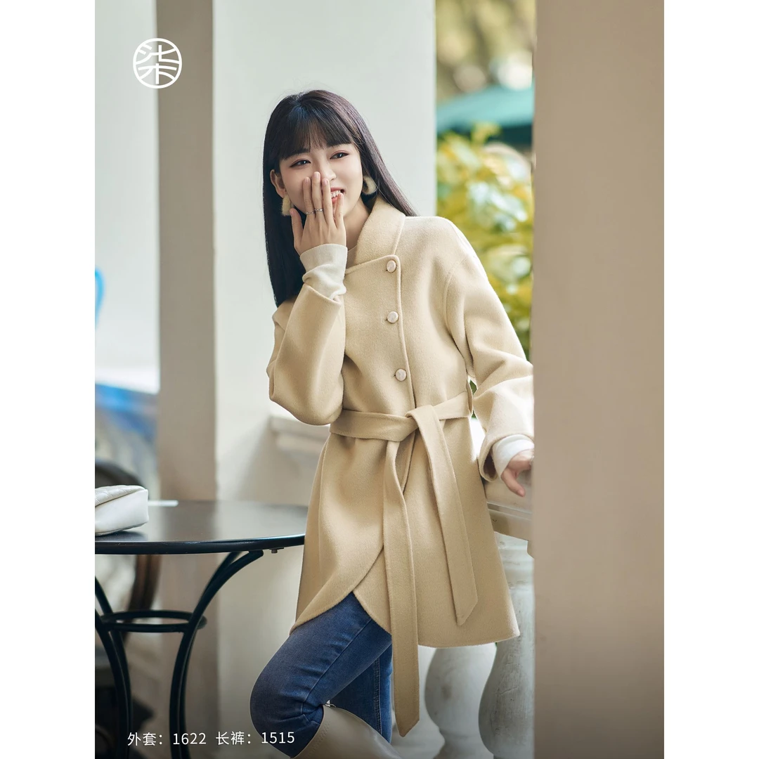 1622柒量一裁小个子中长款弧形下摆双面呢大衣时尚宽松毛呢外套女