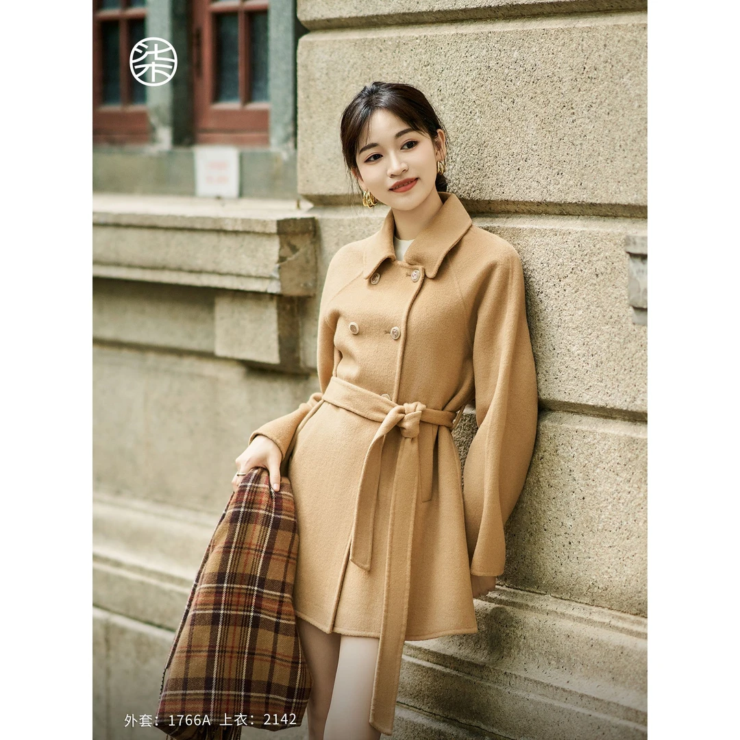 初冬大衣1766A柒量一裁小个子翻边设计袖子中长款双面呢毛呢外套