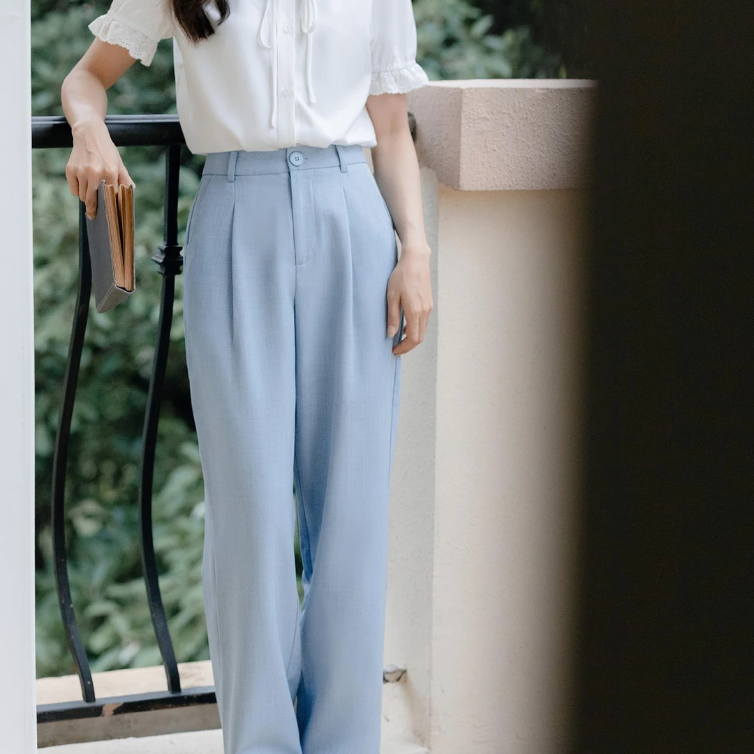 0917B柒量一裁小个子灰蓝色垂感不易皱显瘦高腰宽松直筒休闲裤女