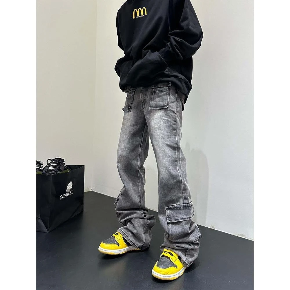美式复古小众做旧水洗多口袋牛仔裤男设计感微喇黑色直筒牛仔裤男