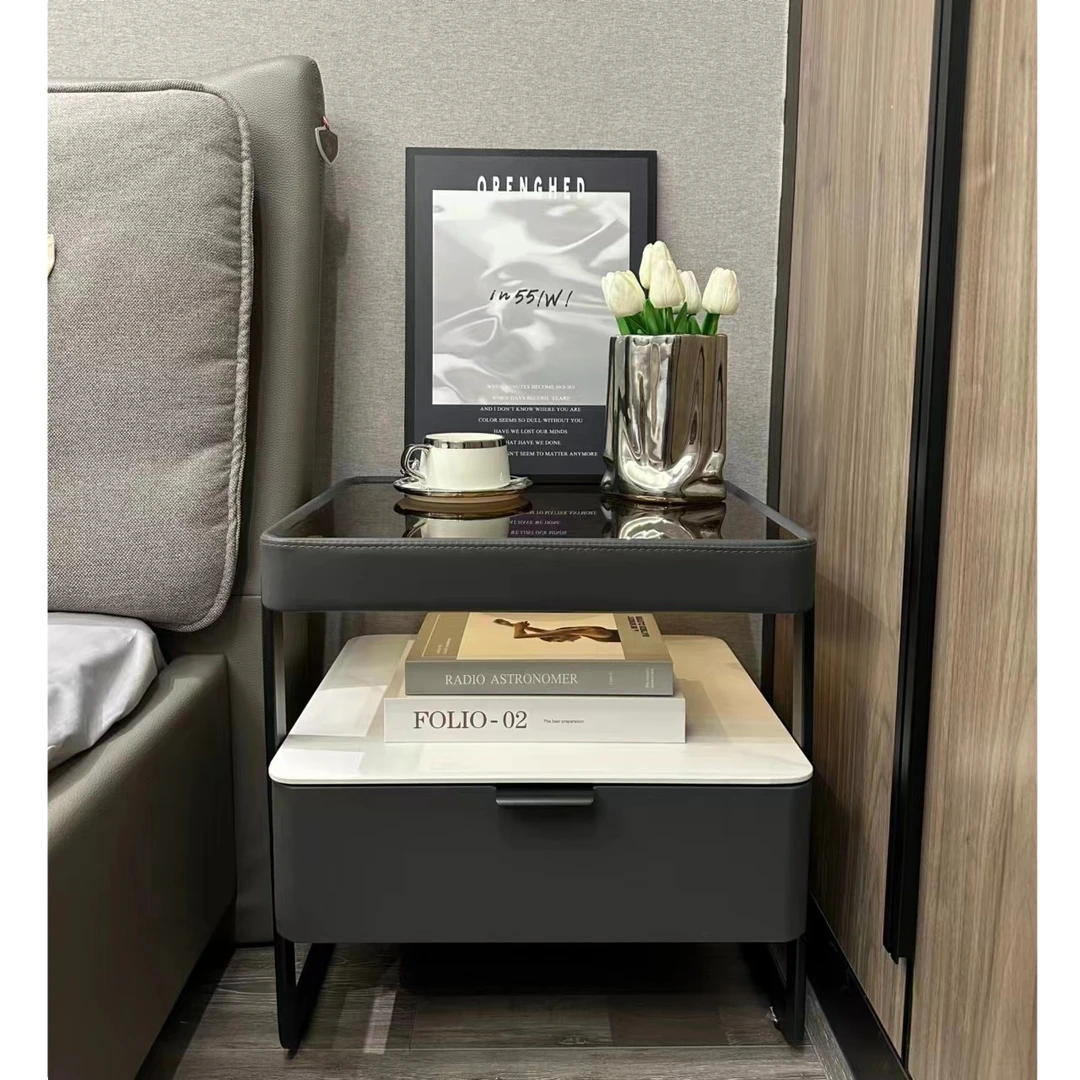 【梁祥生活馆】全实木钢化玻璃岩板床头柜高级感简约现代主卧家具