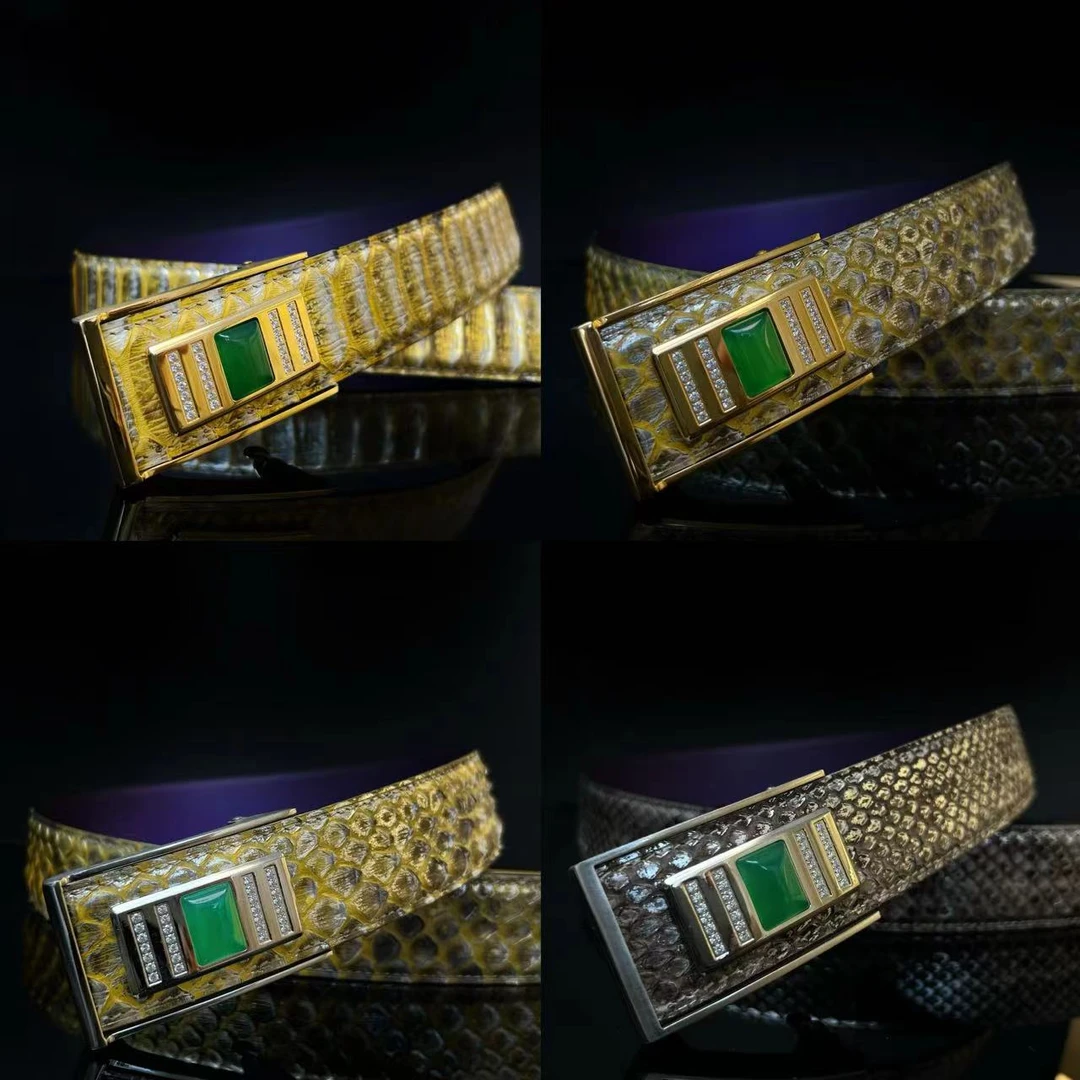 马来西亚黄金蟒蛇皮腰带3.8宽自动打眼腰带时尚轻奢男士银色带钻，