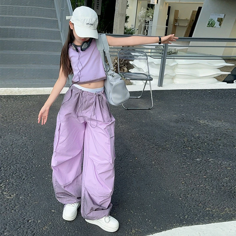 女童炸街背心工装裤套装2024新款无袖上衣渐变运动裤街舞潮酷夏装