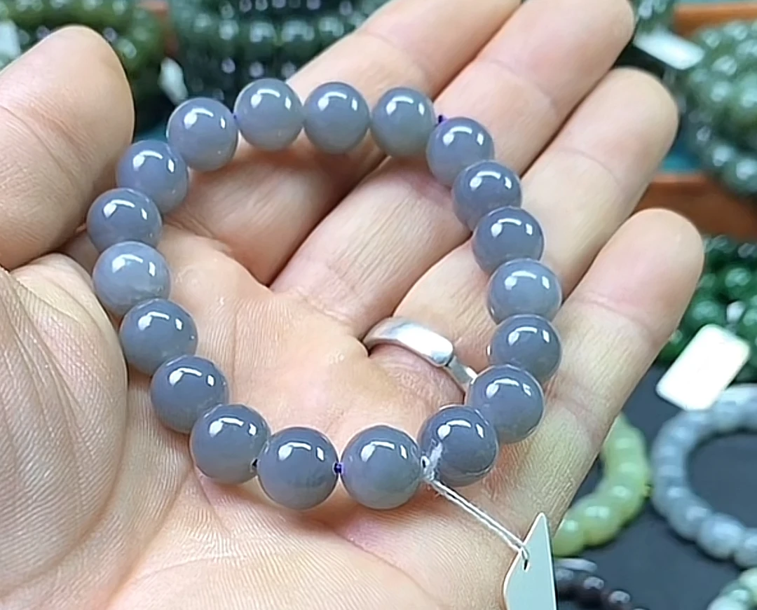 08新疆和田玉精品烟紫卡10的圆珠手串