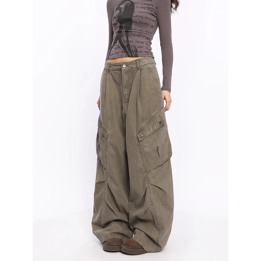 美式复古水洗褶皱大口袋设计感牛仔裤男女街舞嘻哈阔腿工装拖地裤