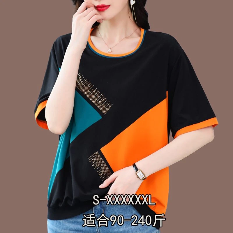 夏季新款冰丝短袖t恤女宽松韩版大码遮肚显瘦洋气上衣圆领针织衫