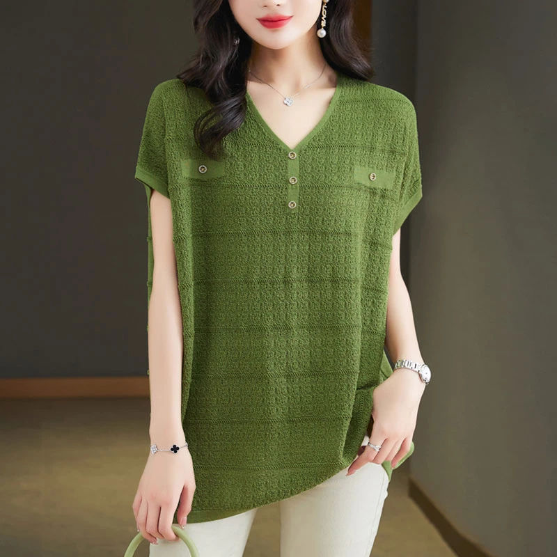 中长冰丝短袖T恤女宽松夏季新款直筒大码遮肚显瘦V领薄款针织上衣