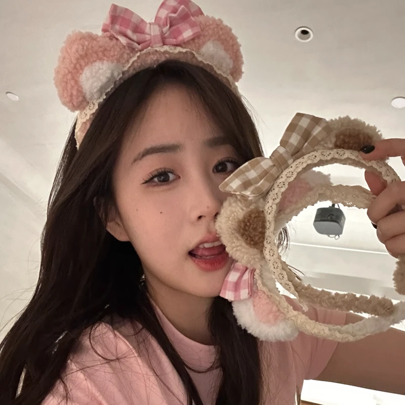 可爱毛绒熊耳朵发箍甜美少女感蝴蝶结蕾丝头箍简约美拉德洗脸发饰