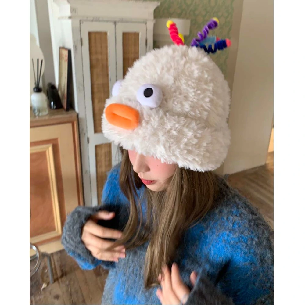 2024年秋冬新款搞怪帽子保彩色毛绒保暖甜美可爱包头显脸小护耳帽