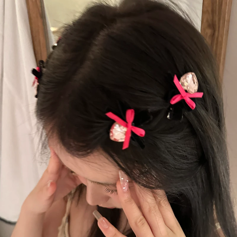 女团粉色发夹爱心水钻丝绒侧边夹公主头蝴蝶结少女甜美发饰头饰