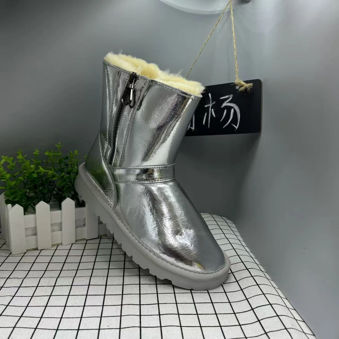 亮皮面拉链雪地靴女冬季中筒2024新款防水防滑加绒加厚棉鞋2111