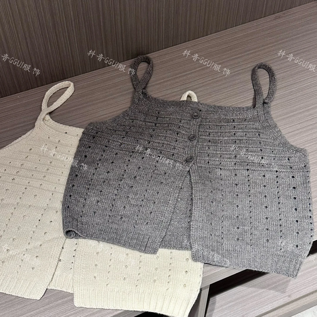 清仓【三粒扣吊带】韩系细肩带针织马甲吊带外穿洋气编织镂空毛背心