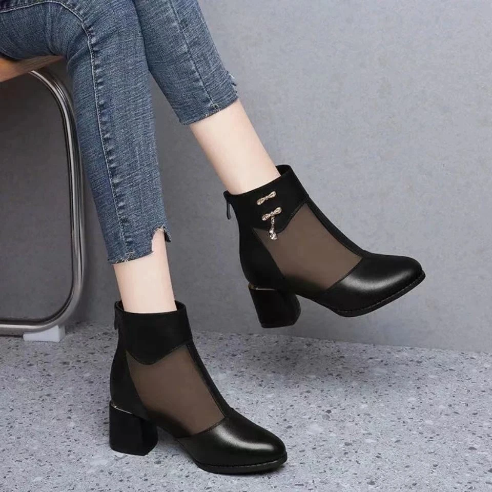 春夏季爆款百搭网靴中跟镂空网纱透气软底防滑圆头粗跟时尚凉靴女