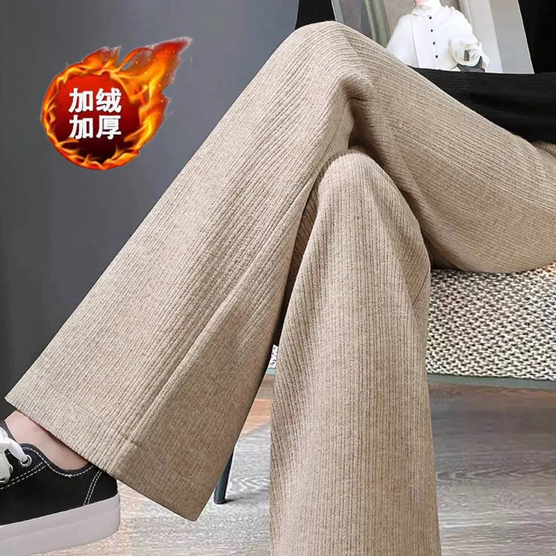 冬季加绒加厚细条纹微喇裤时尚喇叭裤高腰显瘦裤子宽松休闲棉裤