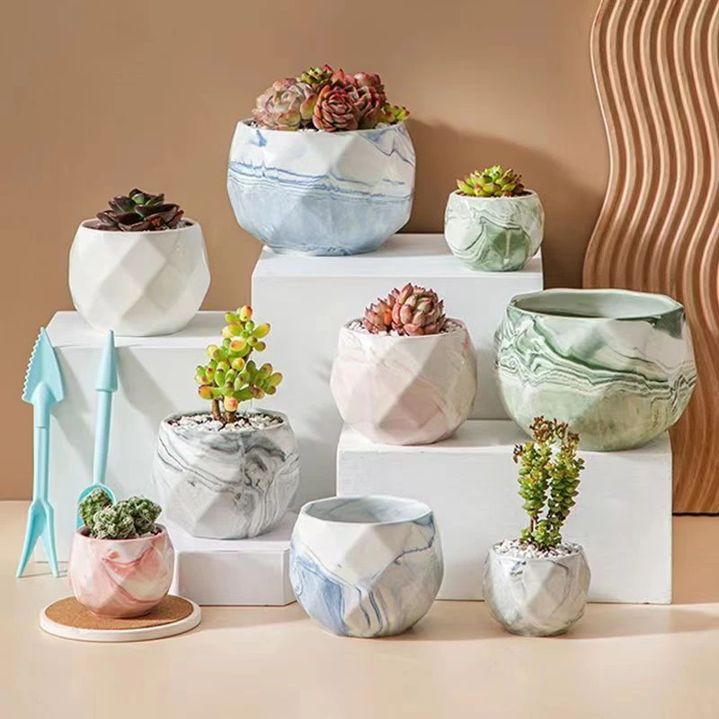北欧ins风彩色陶瓷多肉大理石纹花盆可爱老桩室内菱形带竹托大号