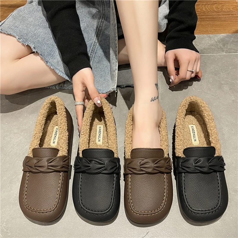 2024年秋冬季新款一脚蹬加绒豆豆鞋女爆款软底毛毛鞋平底女棉鞋