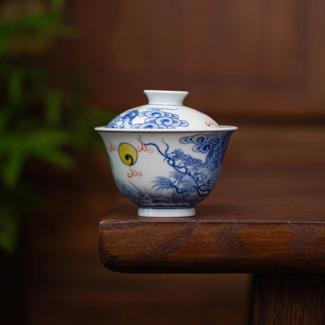 仿清海水穿云龙两才盖碗   景德镇高端陶瓷手工手绘泡茶专用工具