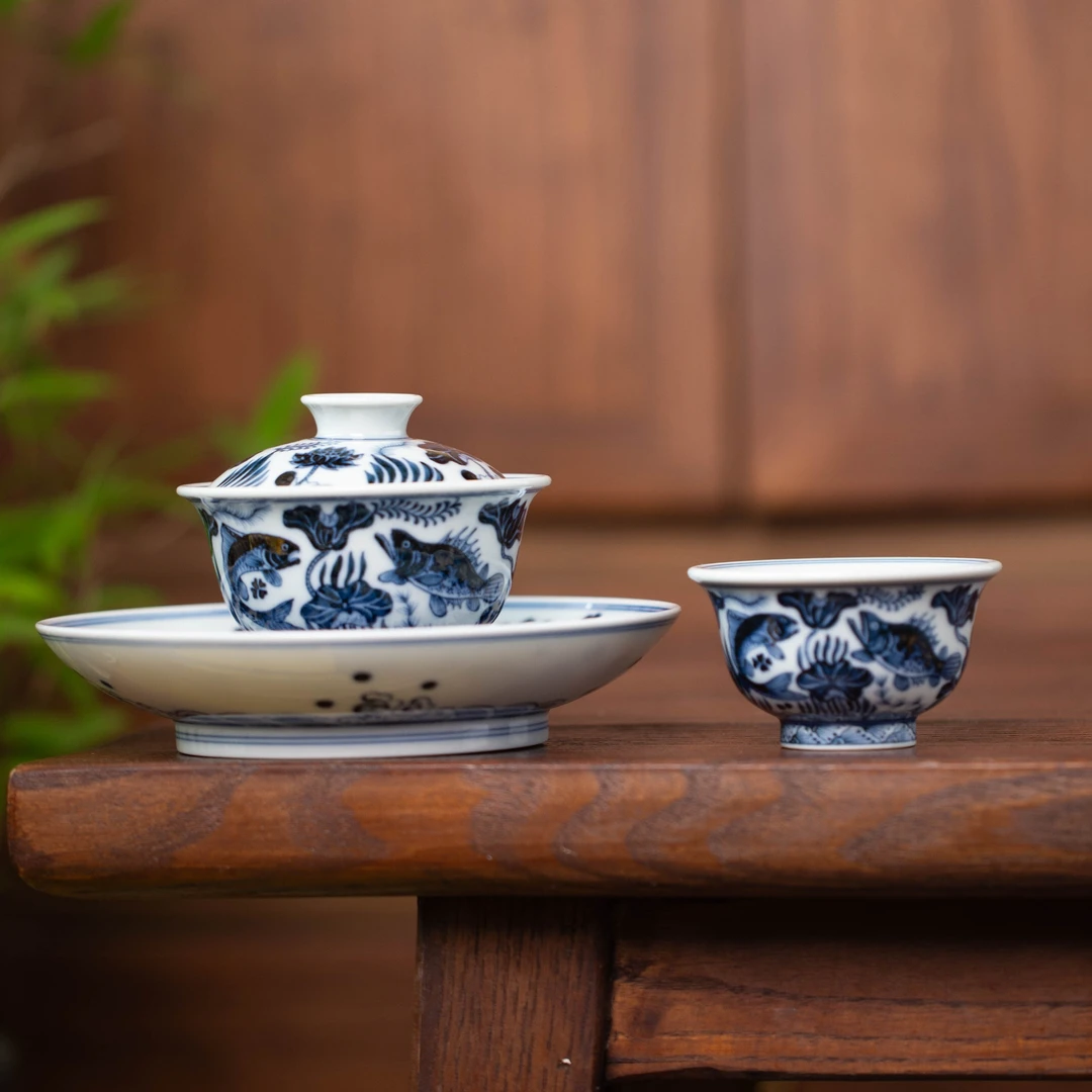 仿明青花鱼藻套组   景德镇高端手工手绘陶瓷茶具泡茶专用工具