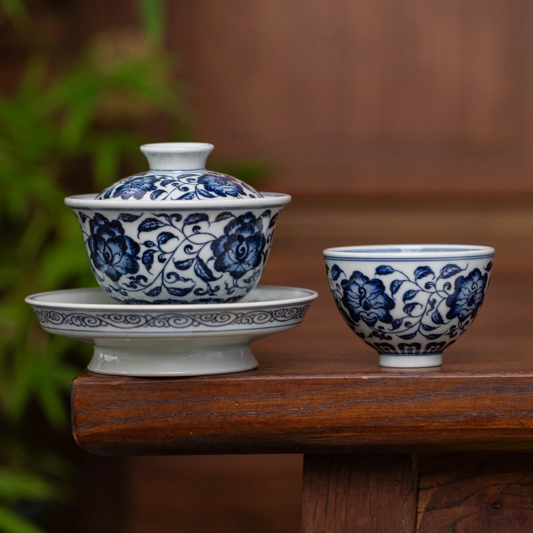 缠枝牡丹套组  景德镇高端陶瓷手工手绘专用泡茶工具