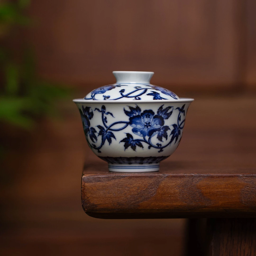 青花秋葵花两才盖碗   景德镇高端手工手绘陶瓷茶具泡茶专用工具