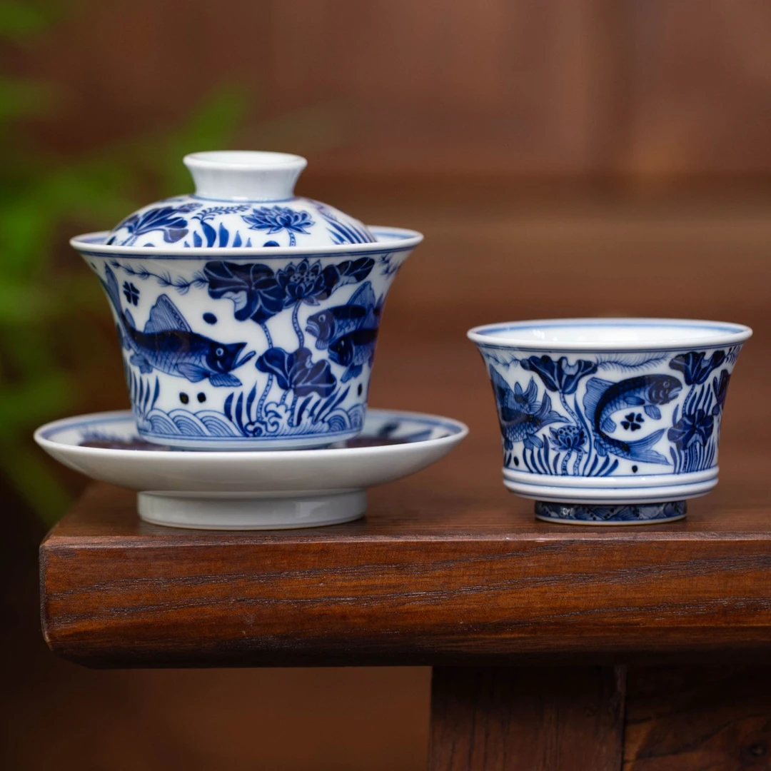 仿明青花鱼藻马蹄套组   景德镇高端手工手绘陶瓷茶具泡茶工具