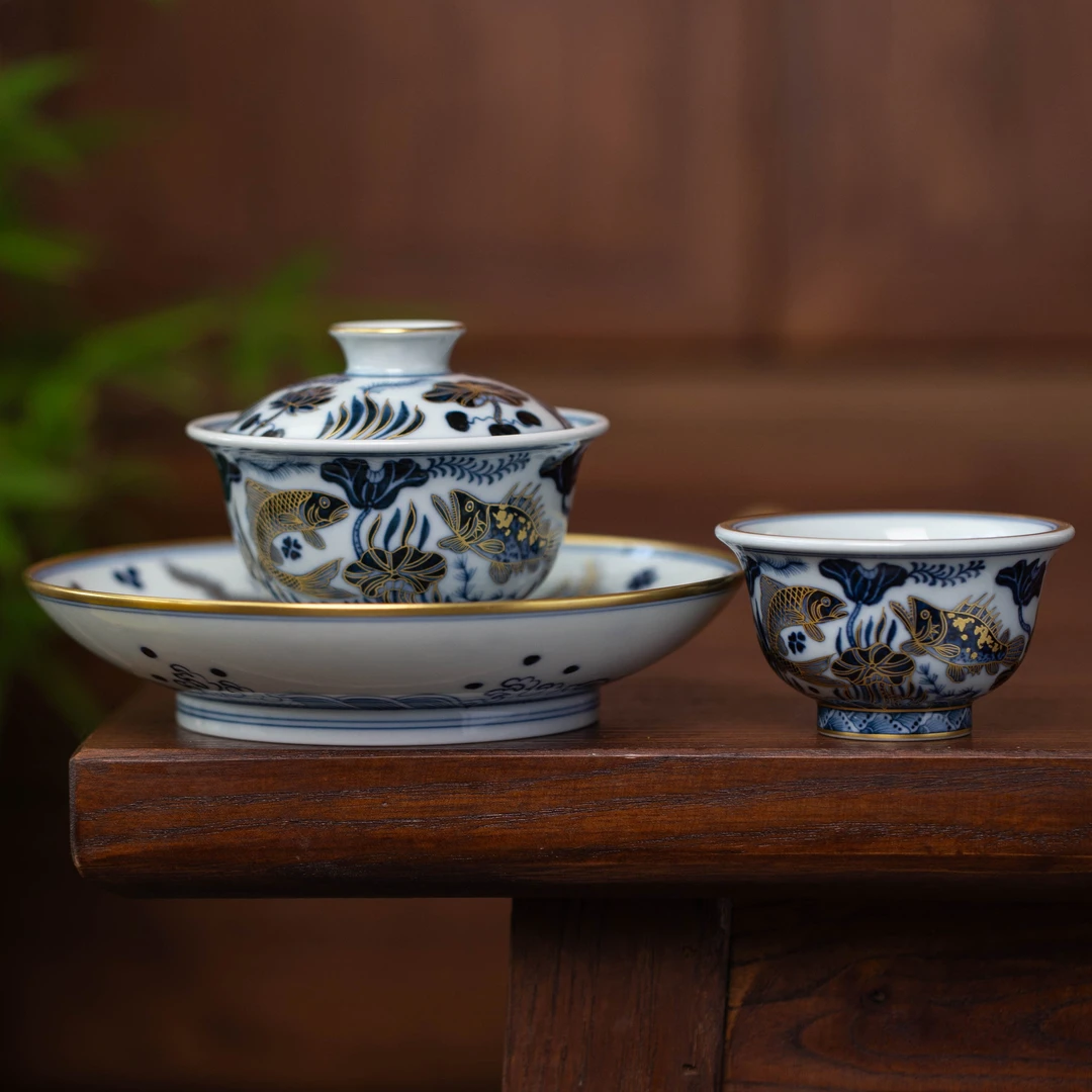 仿明鱼藻描金套组   景德镇高端手工手绘陶瓷茶具泡茶工具